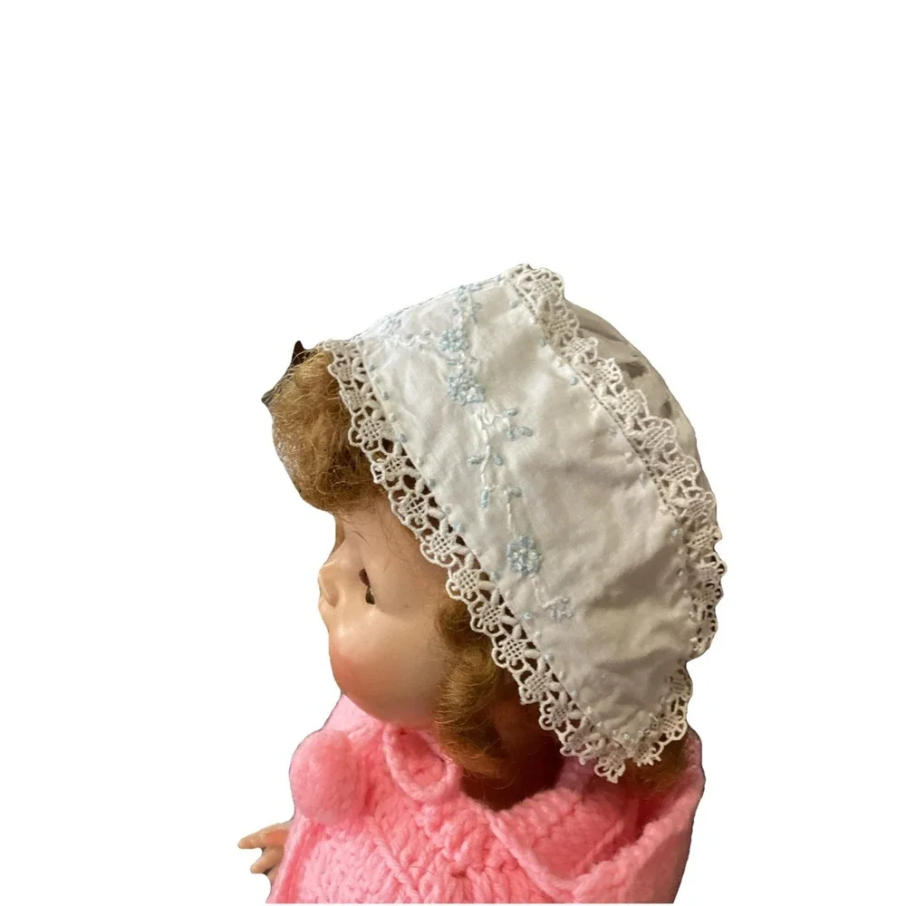 Vintage Handmade White Blue Embroidery And Lace Baby Or Doll Bonnet